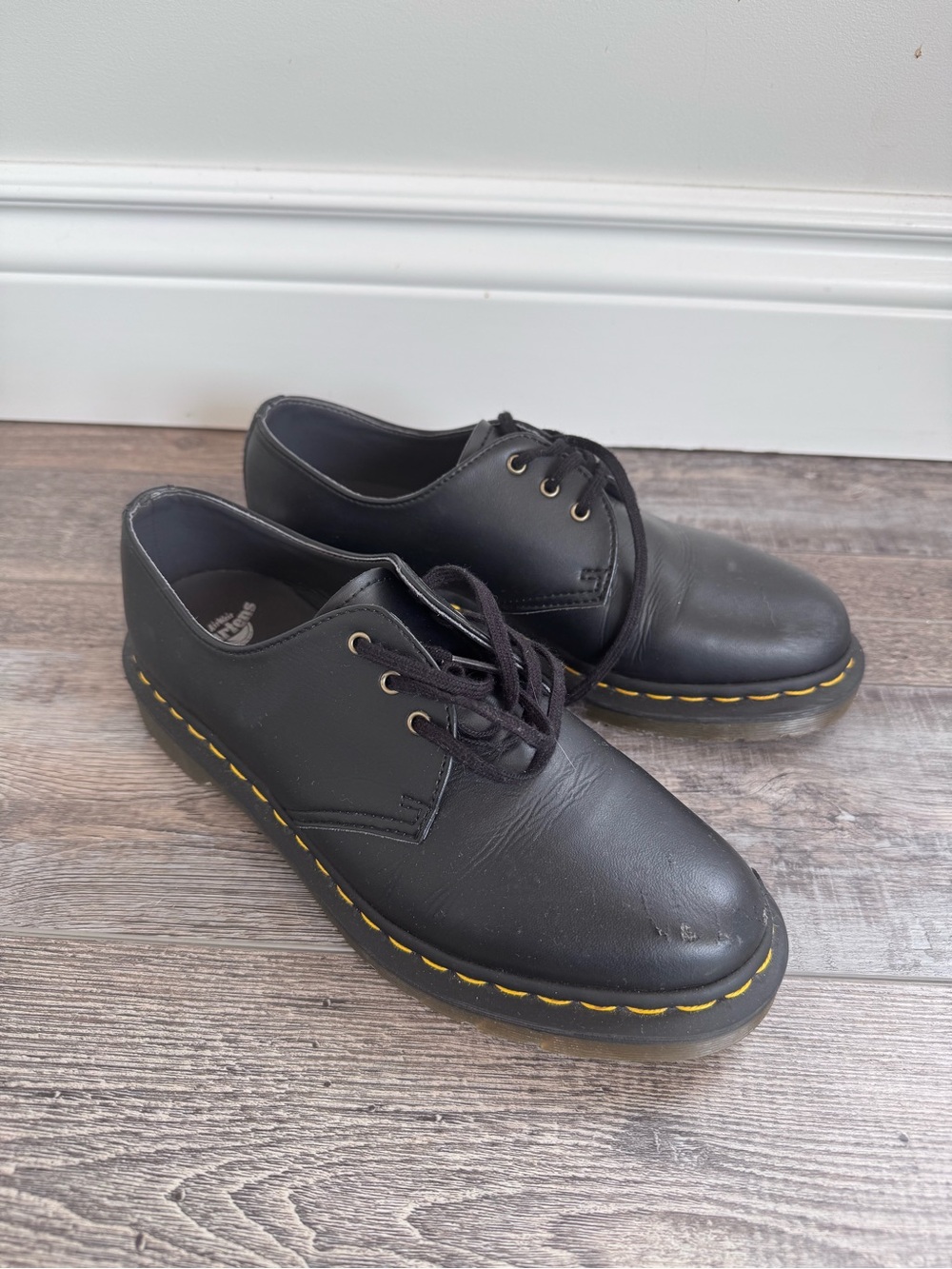 Dr. Martens Black Leather 3-Eye Derby Shoes with Yellow Stitching